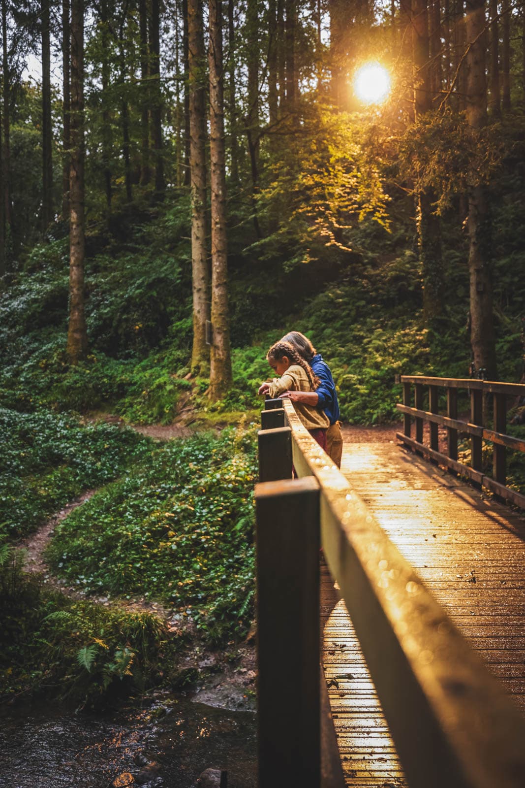 Grandma & Granddaughter Looking Over Bridge On Nature Trail