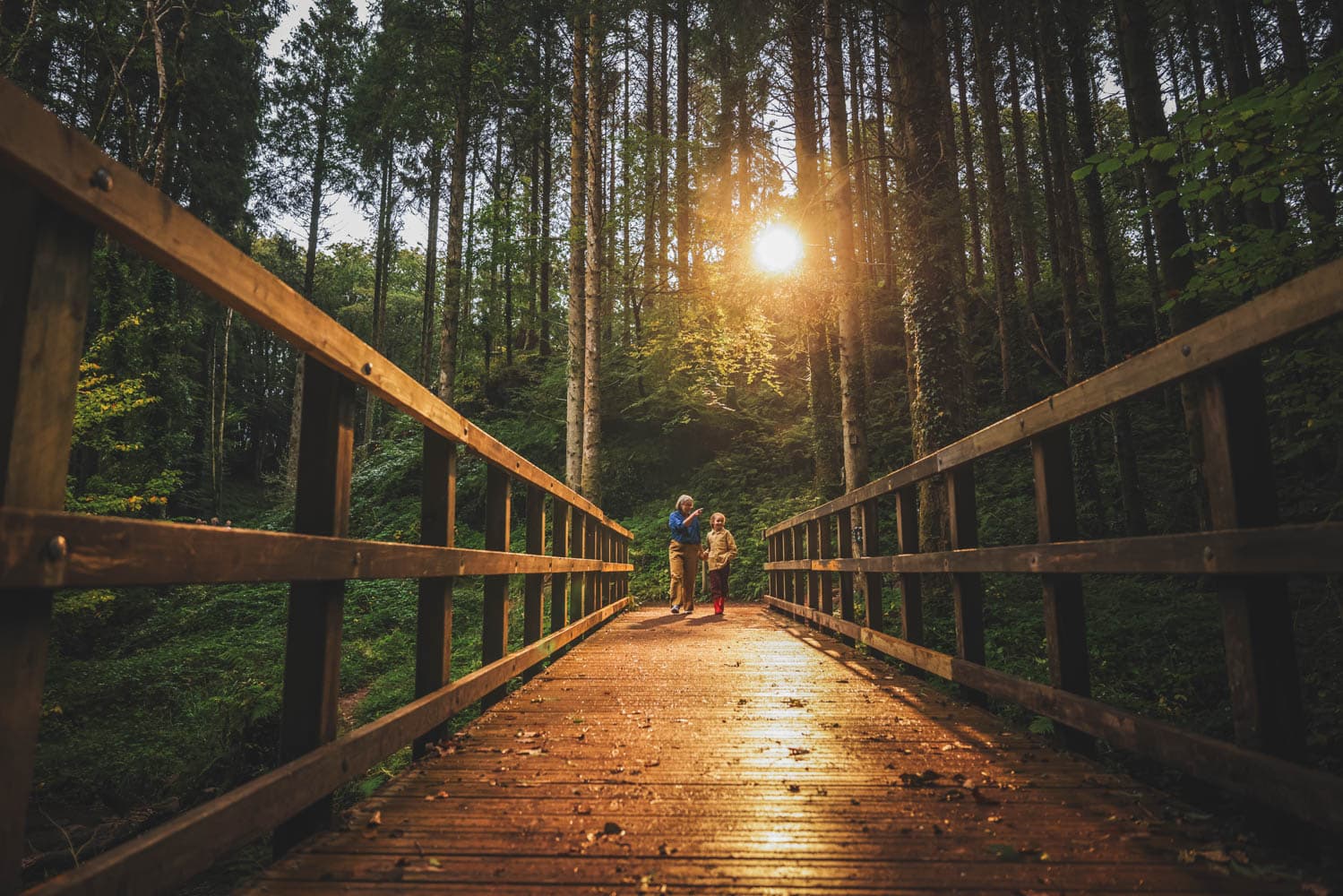 Grandma & Granddaughter Walking Over The Nature Trail
